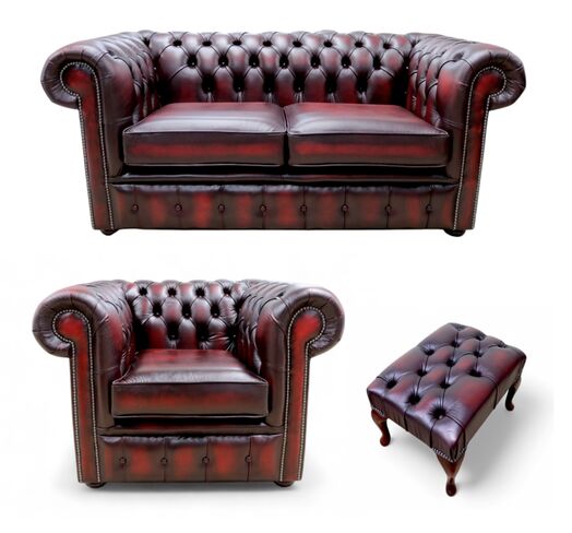 Chesterfield 2 Seater Sofa + Club Chair + Footstool Leather Sofa Suite Offer Antique Oxblood