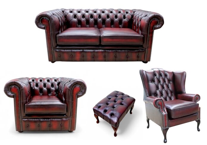 Chesterfield 2 Seater Sofa + Club Chair + Mallory Wing Chair + Footstool Leather Sofa Suite Offer Antique Oxblood