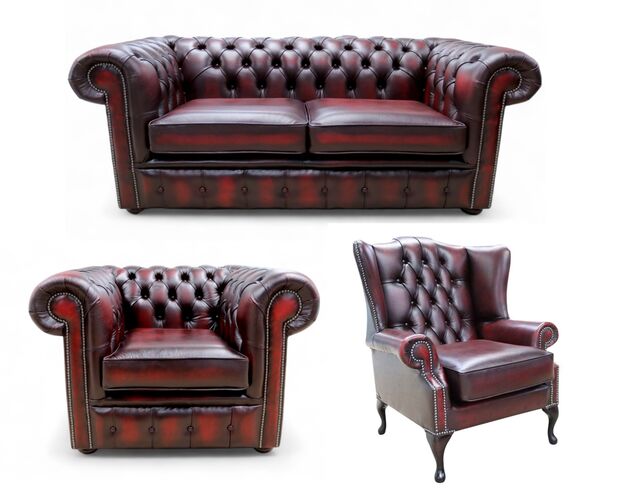 Chesterfield 2 Seater Sofa + Club Chair + Mallory Wing Chair Leather Sofa Suite Offer Antique Oxblood