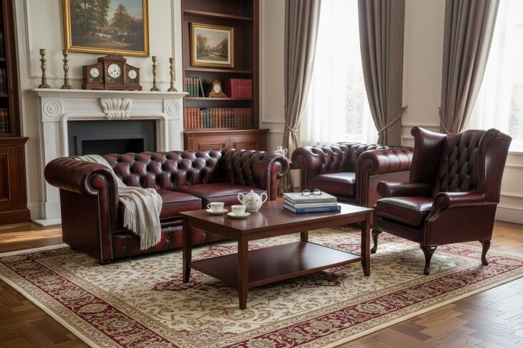 Chesterfield 2 Seater Sofa + Club Chair + Queen Anne Wing Chair Antique Oxblood Leather Sofa Suite