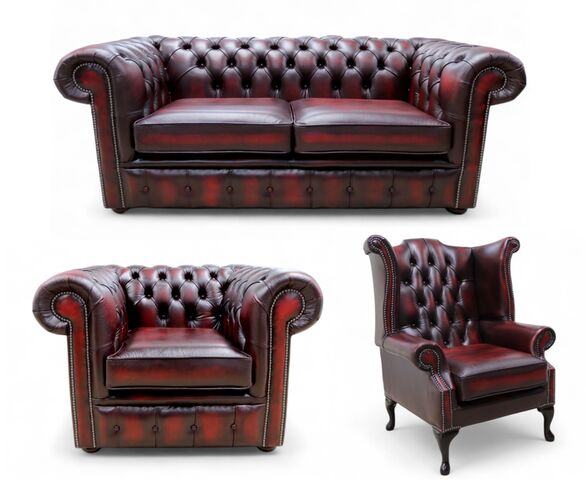 Chesterfield 2 Seater Sofa + Club Chair + Queen Anne Wing Chair Antique Oxblood Leather Sofa Suite