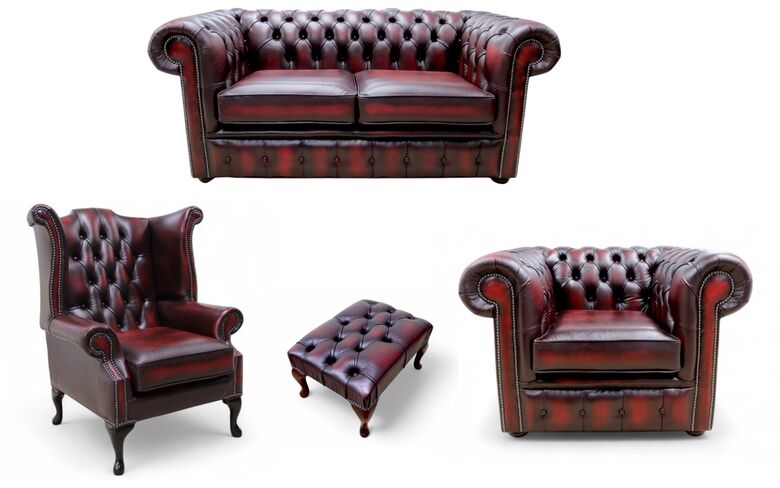 Chesterfield 2 Seater Sofa + Club Chair + Queen Anne Wing Chair + Footstool Leather Sofa Suite Offer Antique Oxblood