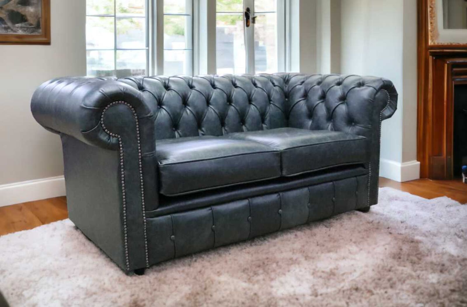 Product photograph of Chesterfield 2 Seater Settee Cracked Wax Black Leather Sofa from Designer Sofas 4U