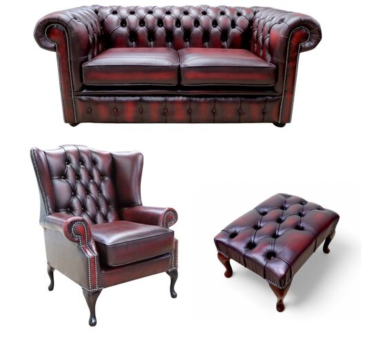Chesterfield 2 Seater Sofa + Mallory Wing Chair + Footstool Leather Sofa Suite Offer Antique Oxblood