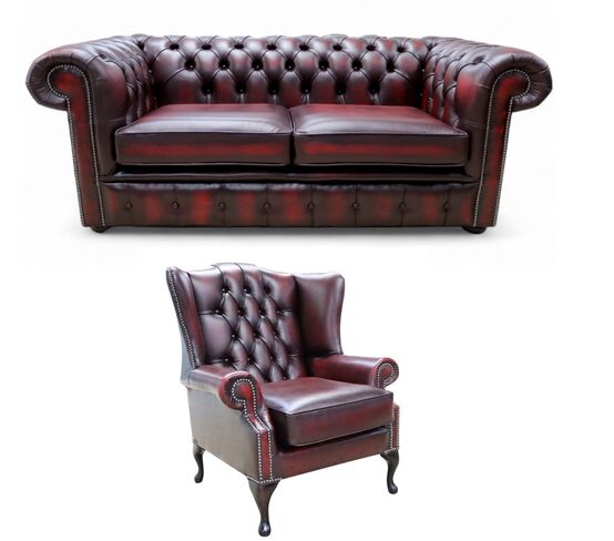 Chesterfield 2 Seater Sofa + Mallory Wing Chair Leather Sofa Suite Offer Antique Oxblood