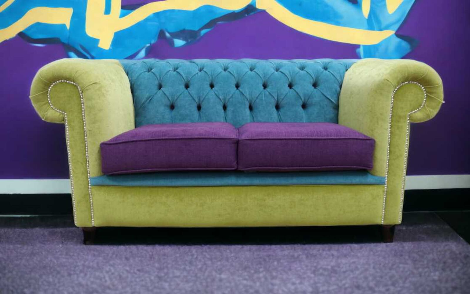 Product photograph of Chesterfield 2 Seater Sofa Pimlico Multi Colour Purple Green Blue Fabric from Designer Sofas 4U