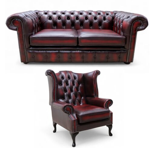 Chesterfield 2 Seater Sofa + Queen Anne Wing Chair Leather Sofa Suite Offer Antique Oxblood