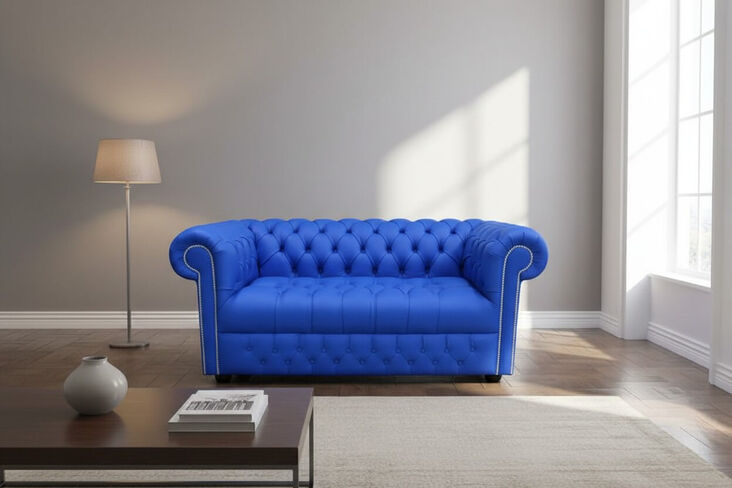 Chesterfield 2 Seater Sofa Settee Buttoned Seat Deep Ultramarine Blue Leather