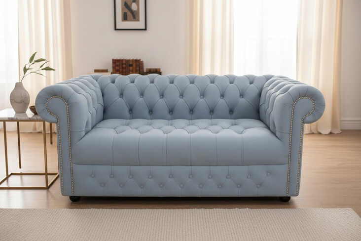 Chesterfield 2 Seater Sofa Settee Buttoned Seat Parlour Blue Leather
