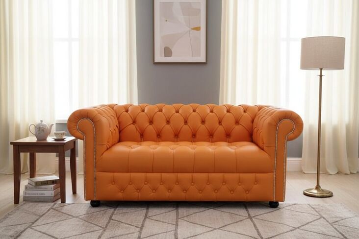 Chesterfield 2 Seater Sofa Settee Buttoned Seat Shelly Flamenco Orange Leather Doube Button Border