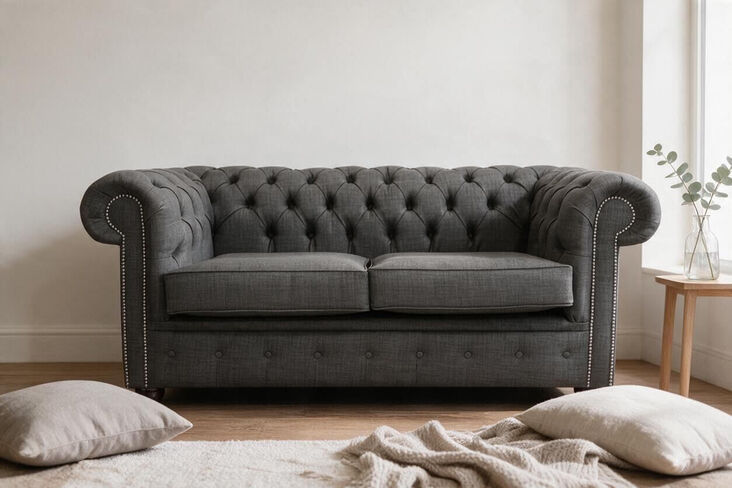Chesterfield 2 Seater Sofa Settee Grey Real Linen Fabric