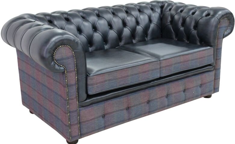 Chesterfield 2 Seater Lewis Check Plum & Antique Blue Leather Sofa Offer