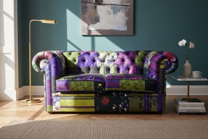 Chesterfield 2 Seater Sofa Settee London Fabric Patchwork