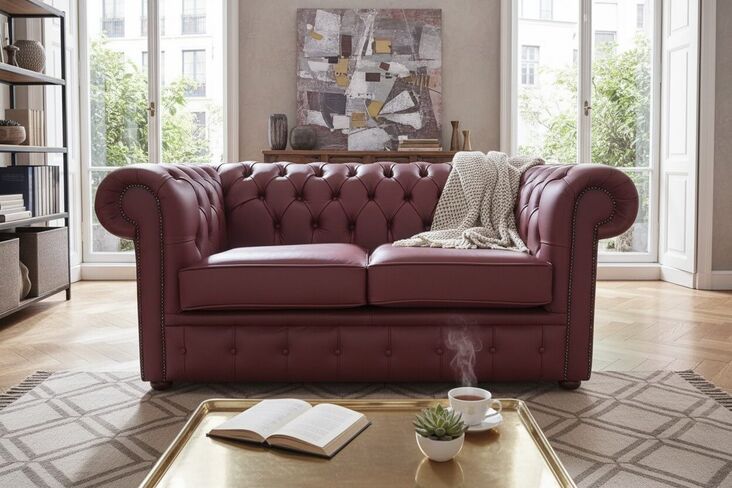 Chesterfield 2 Seater Sofa Settee Shelly Burgandy Leather