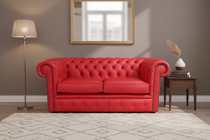 Chesterfield 2 Seater Sofa Settee Shelly Flame Red Leather