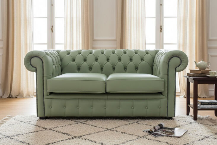 Chesterfield 2 Seater Sofa Settee Shelly Pea Green Leather