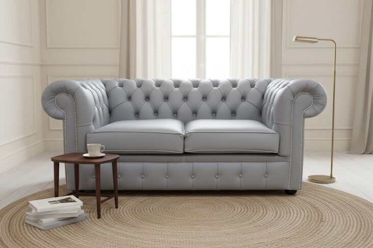 Chesterfield 2 Seater Sofa Settee Shelly Silver Grey Leather