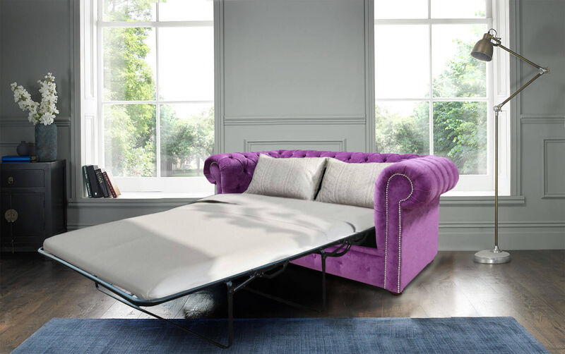 Product photograph of Luxury Pull Out Sofa Bed In Purple Fabric Chesterfield 2 Seater from Designer Sofas 4U