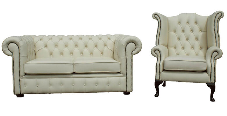 Chesterfield 2 Seater + Queen Anne High Back Wing Chair Shelly Cream Leather