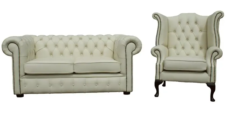 Chesterfield 2 Seater + Queen Anne High Back Wing Chair Shelly Cream Leather
