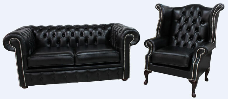 Chesterfield 2 Seater Sofa + Queen Anne Chair Old English Black Real Leather Sofa