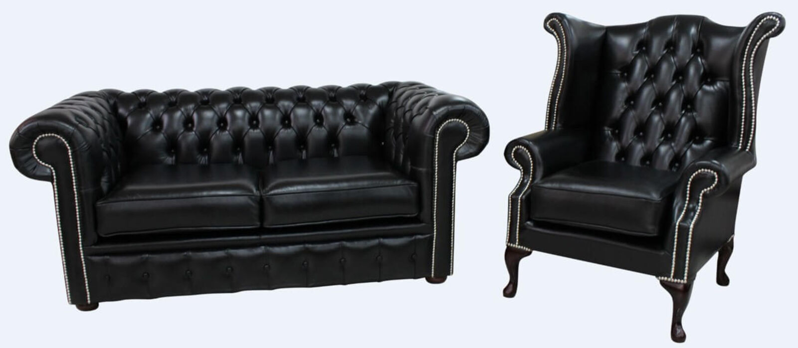 Product photograph of Chesterfield 2 Seater Sofa Queen Anne Chair Old English Black Real Leather Sofa from Designer Sofas 4U