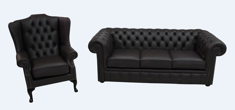 Shelly Dark Chocolate Leather Chesterfield 3 Seater + Flat Wing Chair Sofa Offer | DesignerSofas4U