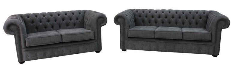Chesterfield 3 + 2 Seater Settee Marinello Pewter Fabric Sofa Offer