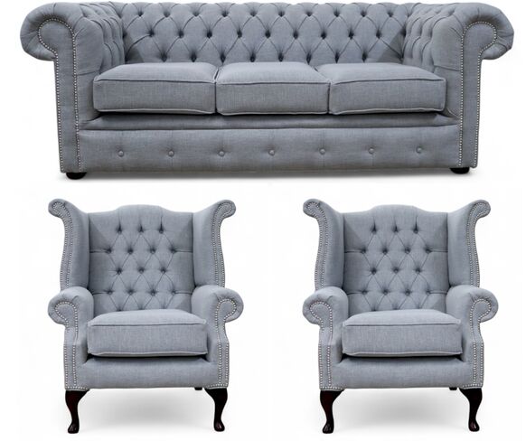 Chesterfield 3 + 2 x Queen Anne Chairs Sofa Suite Bacio Zinc Fabric Offer