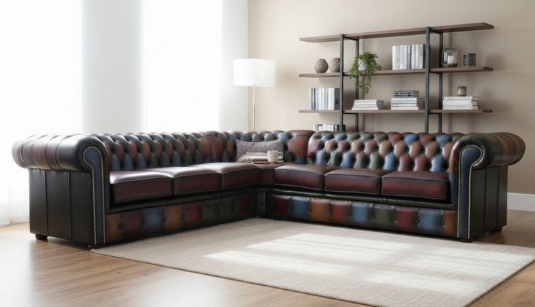 Chesterfield 3+3 Corner Sofa Unit Antique Patchwork Leather