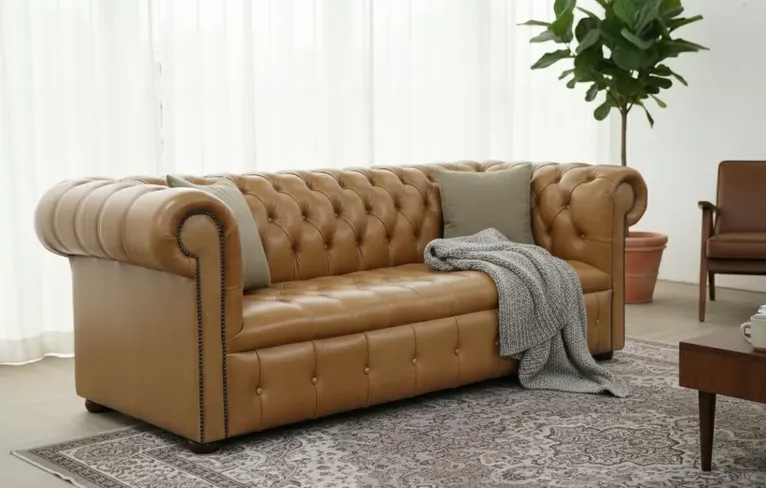 Chesterfield 3.5 Seater Settee Buttoned Seat Old English Tan Leather Sofa