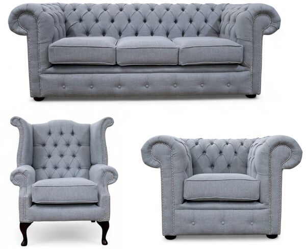 Chesterfield 3 + Club + Queen Anne Chair Sofa Suite Bacio Zinc Fabric Offer