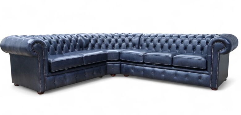 Chesterfield 3 Corner 2 Sofa Unit Old English Ocean Blue Leather