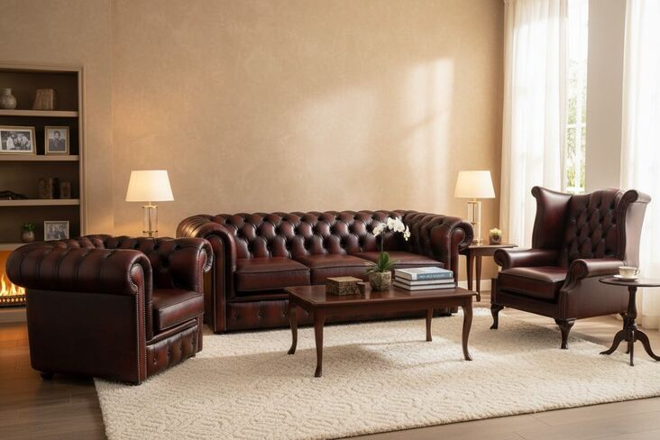 Chesterfield 3 Piece Suite. 3 Seater Sofa + Club Chair + Queen Anne Wing Chair Leather Sofa Suite Offer Antique Oxblood