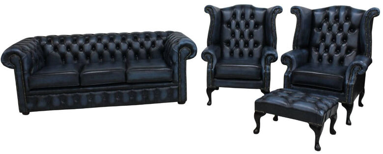 Chesterfield 3 Piece Leather Suite Three Seater Sofa + 2 x Queen Anne Wing Chairs Leather Antique Blue + Free Matching Footstool
