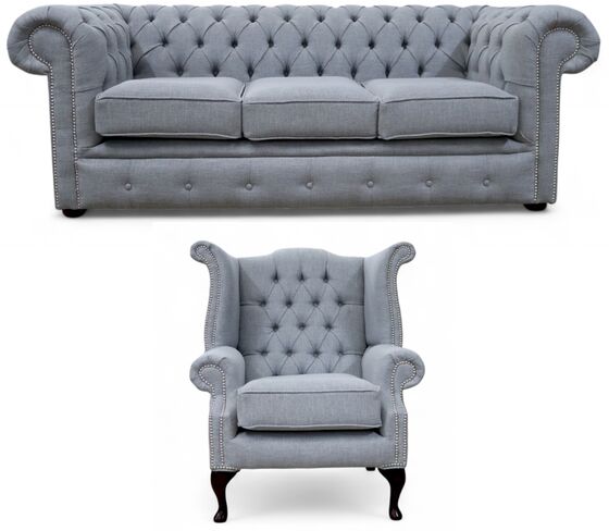 Chesterfield 3 + Queen Anne Chair Sofa Suite Bacio Zinc Fabric Offer