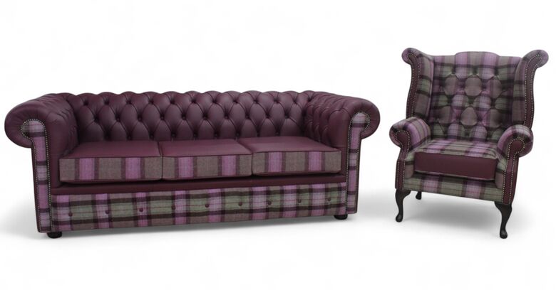 Chesterfield 3 + Queen Anne Wool Leather Sofa Suite Skye Amethyst Leather