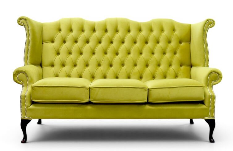 Chesterfield 3 Seater Amalfi Pistachio Green Queen Anne High Back Wing Sofa Velvet