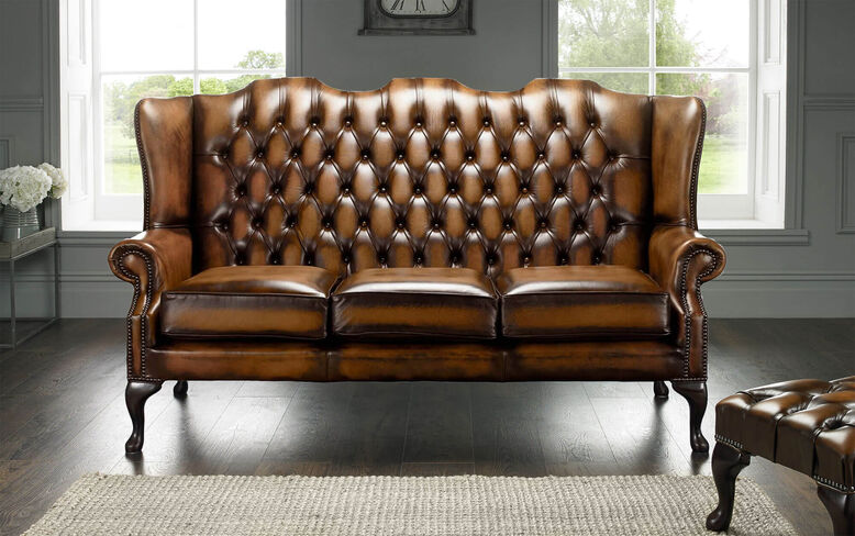 Chesterfield 3 Seater Bloomsbury Queen Anne High Back Wing Sofa Antique Tan Leather
