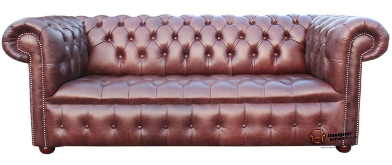 Chesterfield 3 Seater Settee Buttoned Seat Old English Hazel Real Leather Sofa