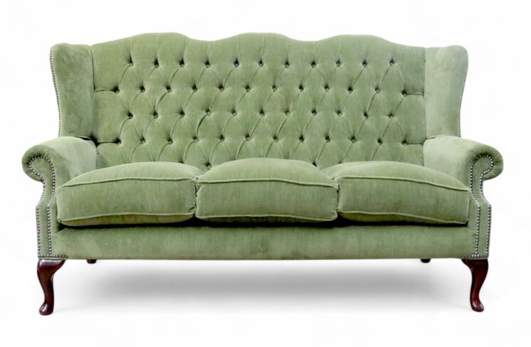 Chesterfield 3 Seater Flat Wing Queen Anne High Back Wing Sofa Chair Aruba Forest Green