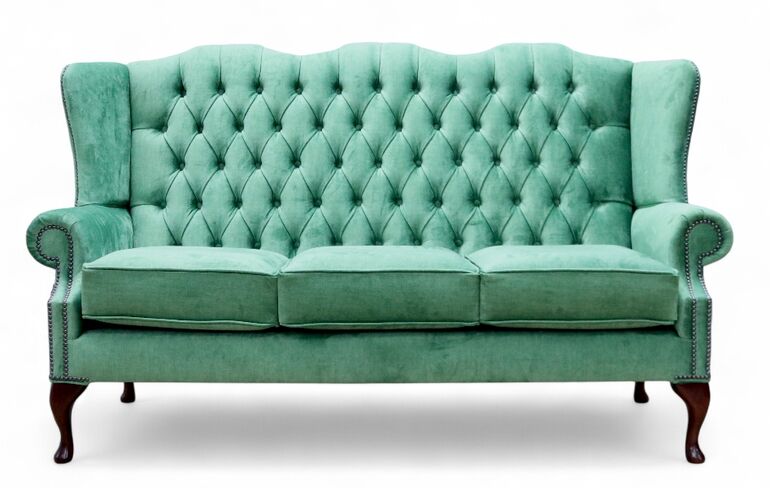 Chesterfield 3 Seater Flat Wing Queen Anne High Back Wing Sofa Chair Destino Apple Green