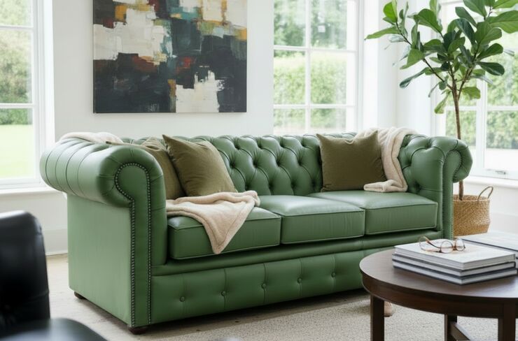 Chesterfield 3 Seater Infinity Leaf Green Faux Leather Sofa Offer