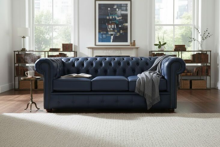 Chesterfield 3 Seater Infinity Sapphire Blue Faux Leather Sofa Offer