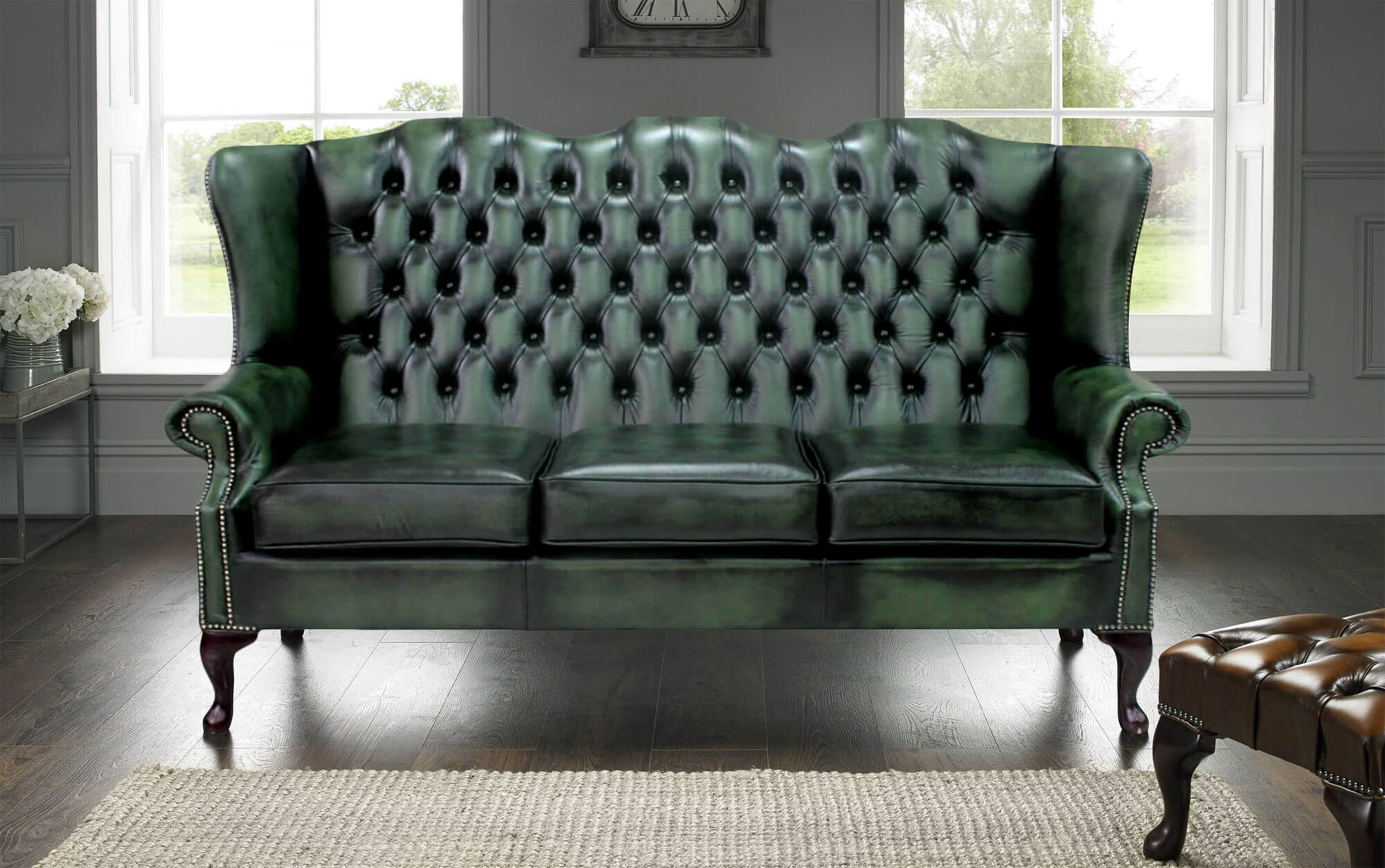 Chesterfield Seater Mallory Wing Chair Antique Green Real
