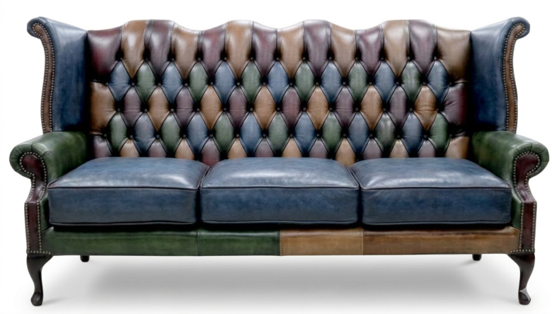 Chesterfield 3 Seater Patchwork Leather Queen Anne High Back Wing Sofa