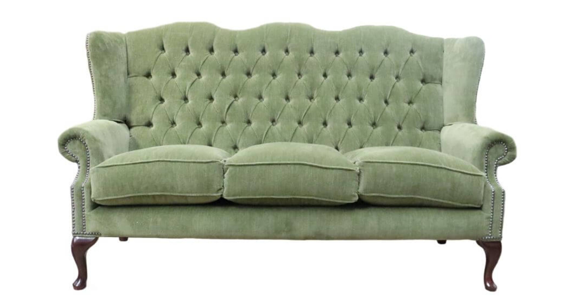 Chesterfield 3 Seater Flat Wing Queen Anne High Back Wing Sofa Chair Aruba Forest Green