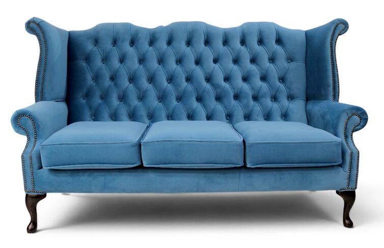 Chesterfield 3 Seater Queen Anne High Back Wing Sofa Chair Amalfi Cadet Velvet