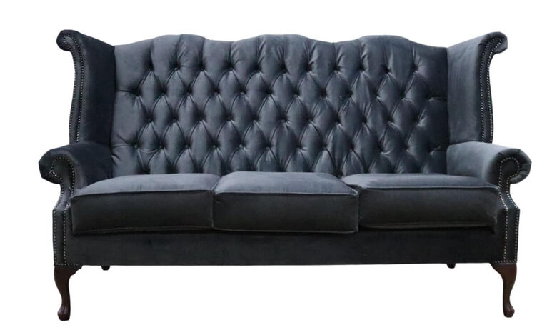 Chesterfield 3 Seater Queen Anne High Back Wing Sofa Chair Amalfi Charcoal Velvet