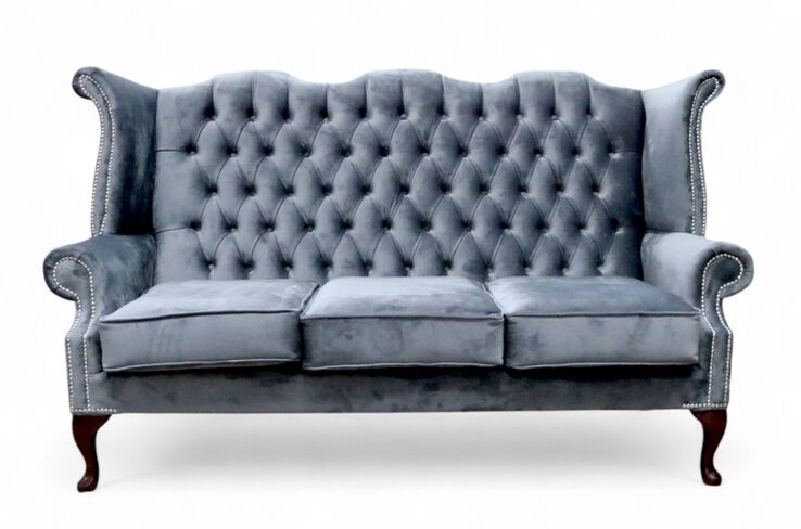Chesterfield 3 Seater Queen Anne High Back Wing Sofa Chair Amalfi Steel Grey Velvet